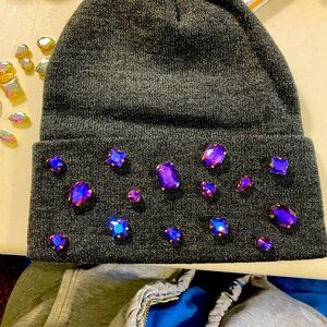 Dark Gray Beanie with Purple Rhinestones
